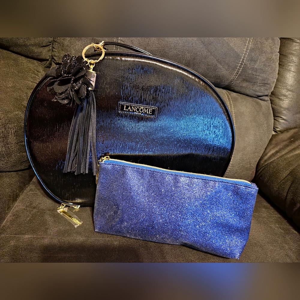 LANCOME Black Tassel Rose Round Zip Travel Make Up Cosmetics Bags BLING Blue